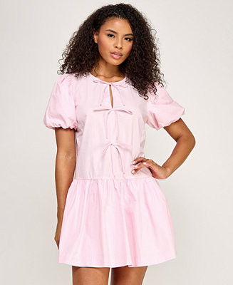 Juniors' Drop Waist Bubble Short Sleeve Dress with Bow Detail | Macy's