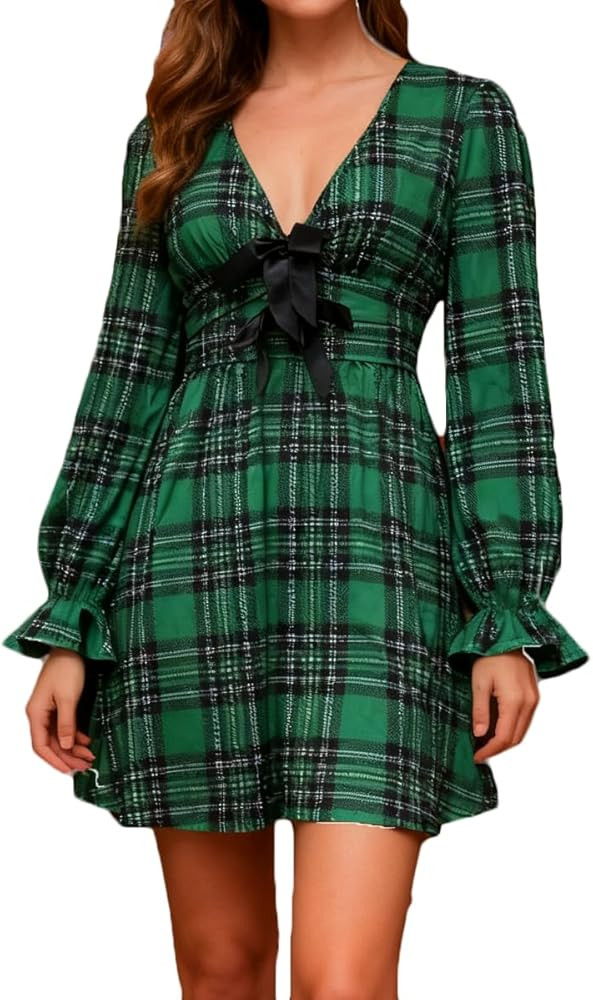 Women Christma Dress Plaid Square Neck Lace Trim Puff Sleeve Babydoll Mini Dress Gingham Ruffle T... | Amazon (US)