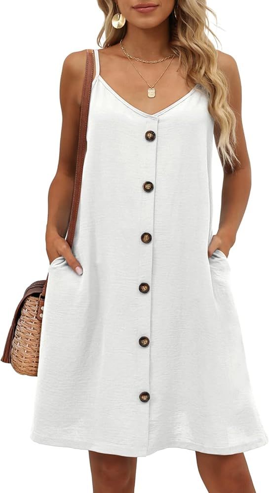 OFEEFAN Women's Summer Spaghetti Strap Dress with Pockets Button Down Dresses | Amazon (US)