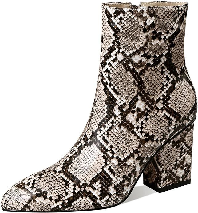 MOFEEDOUKA Women's Boots Ankle Comfortable Heels Shoes Snakeskin Zipper Bootie | Amazon (US)