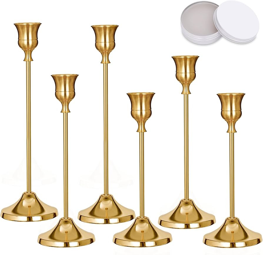 Candlestick Holders, 6 PCS Brass Gold Metal Taper Candle Holder with Adhesive Wax fits 3/4 Inch L... | Amazon (US)