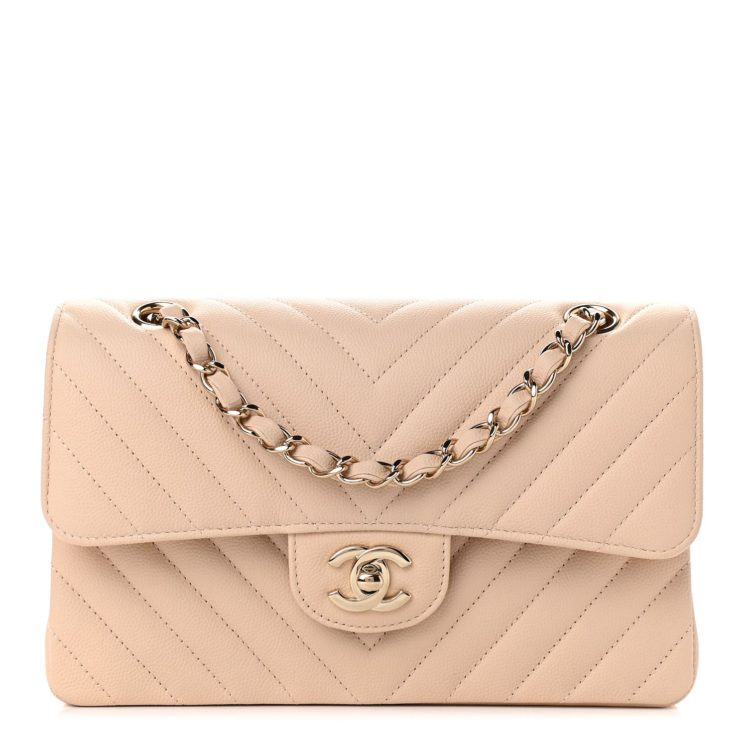 CHANEL Caviar Chevron Quilted Small Double Flap Beige | FASHIONPHILE | FASHIONPHILE (US)