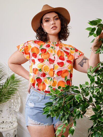 Plus Orange Print Stand Collar Blouse | SHEIN