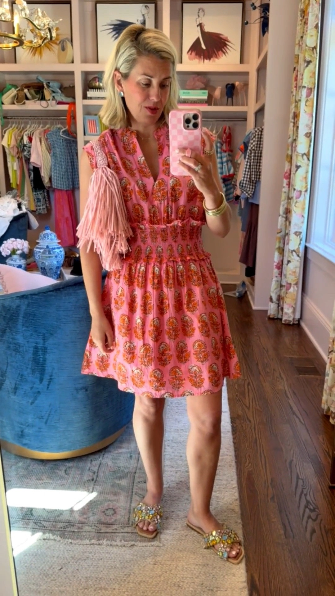 This dress is soooo adorable! Pink & orange is always a favorite of mine. I’m in size small dress. Grab my bag and bling sandals on sale! I normally wear a size 8 in sandals, but I did ￼did size down to a 7.

 *Use my code Catherine20 on A+B
 *Use code my Mixandmatchmadness on Loopy

#LTKSeasonal #LTKOver40 #LTKmomlife