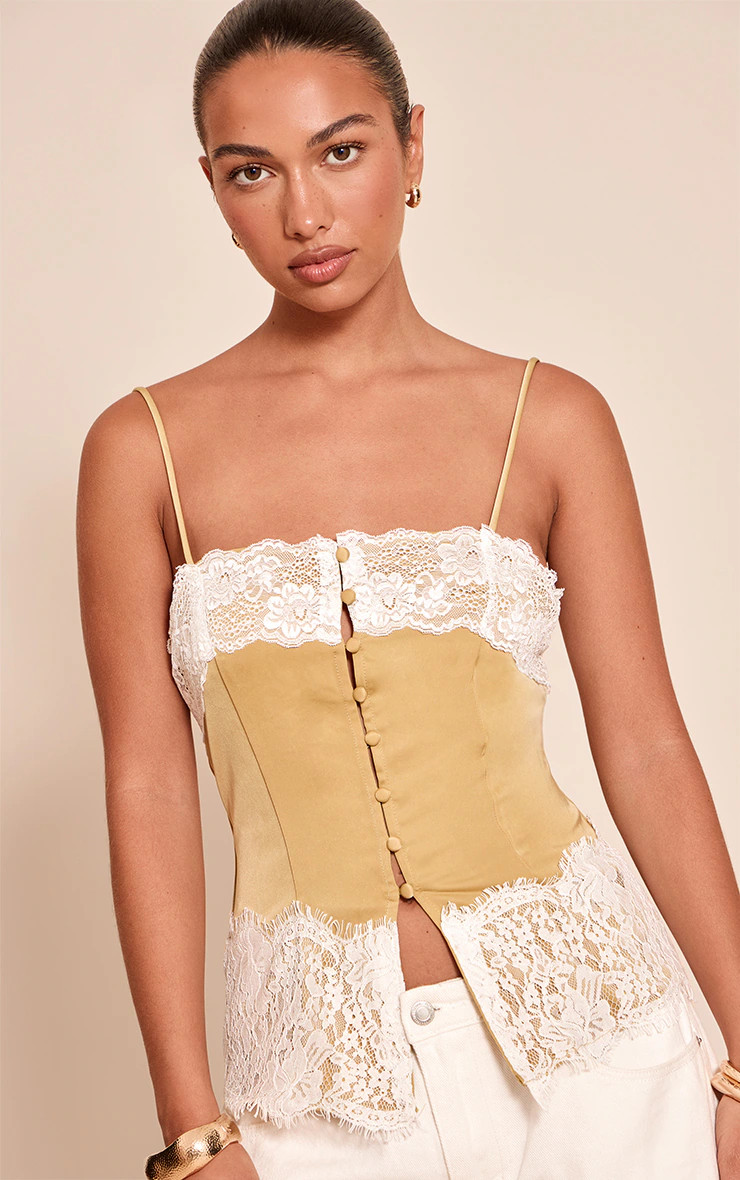 Olive Satin Button Up Lace Detail Cami | PrettyLittleThing US