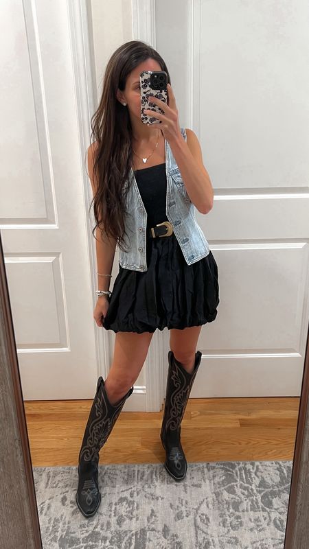 Morgan wallen concert outfit ; country concert outfit ; summer concert outfit ; denim vest ; bubble
Hem dress ; black cowgirl boots ; Nashville outfit 

#LTKStyleTip #LTKParties #LTKFindsUnder50