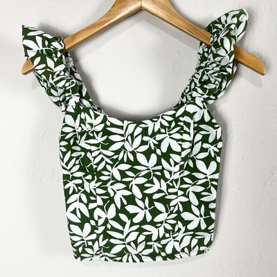 Abercrombie Fitch Bubble Strap Poplin Smocked Leaf Top Green White Size XXS | eBay US