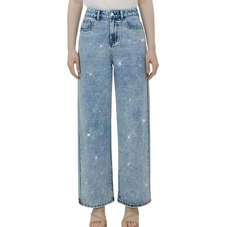 LWavelet Womens Rhinestone Decor Wide Leg Jeans High Waisted Daily Casual Denim Pants Sky Blue L | Walmart (US)