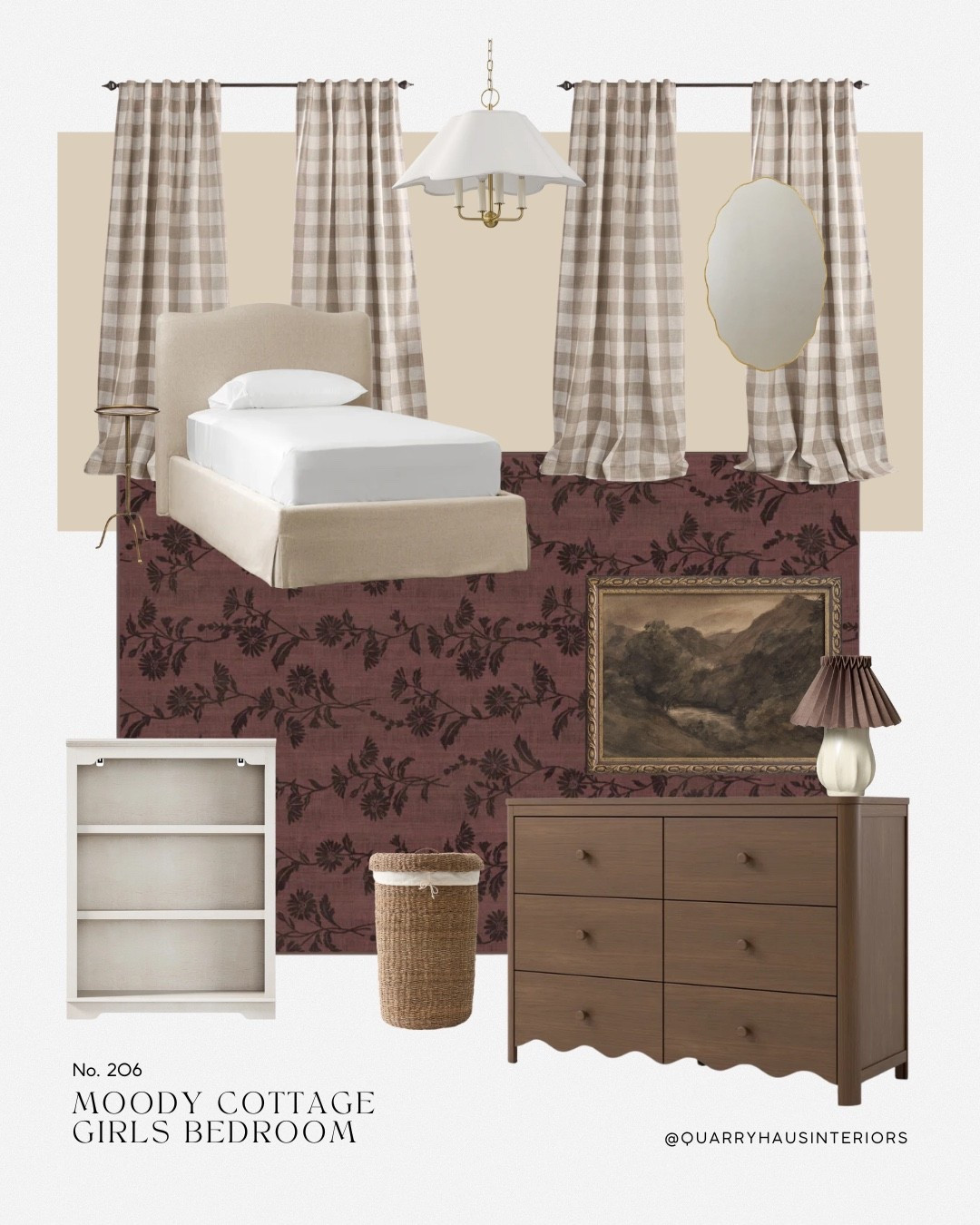 Moody cottage girls bedroom design 🤎 I love the dark, earthy purple of this area rug, and the pattern mixing between the gingham and floral details. 

Paint color shown is Joa’s White by Farrow & Ball

#LTKHome #LTKKids