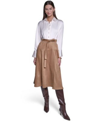 Halston Women's Colorblock A-Line Long-Sleeve Satin & Suede Midi Shirt Dress - Ivory/Spiced Almond | Macy's