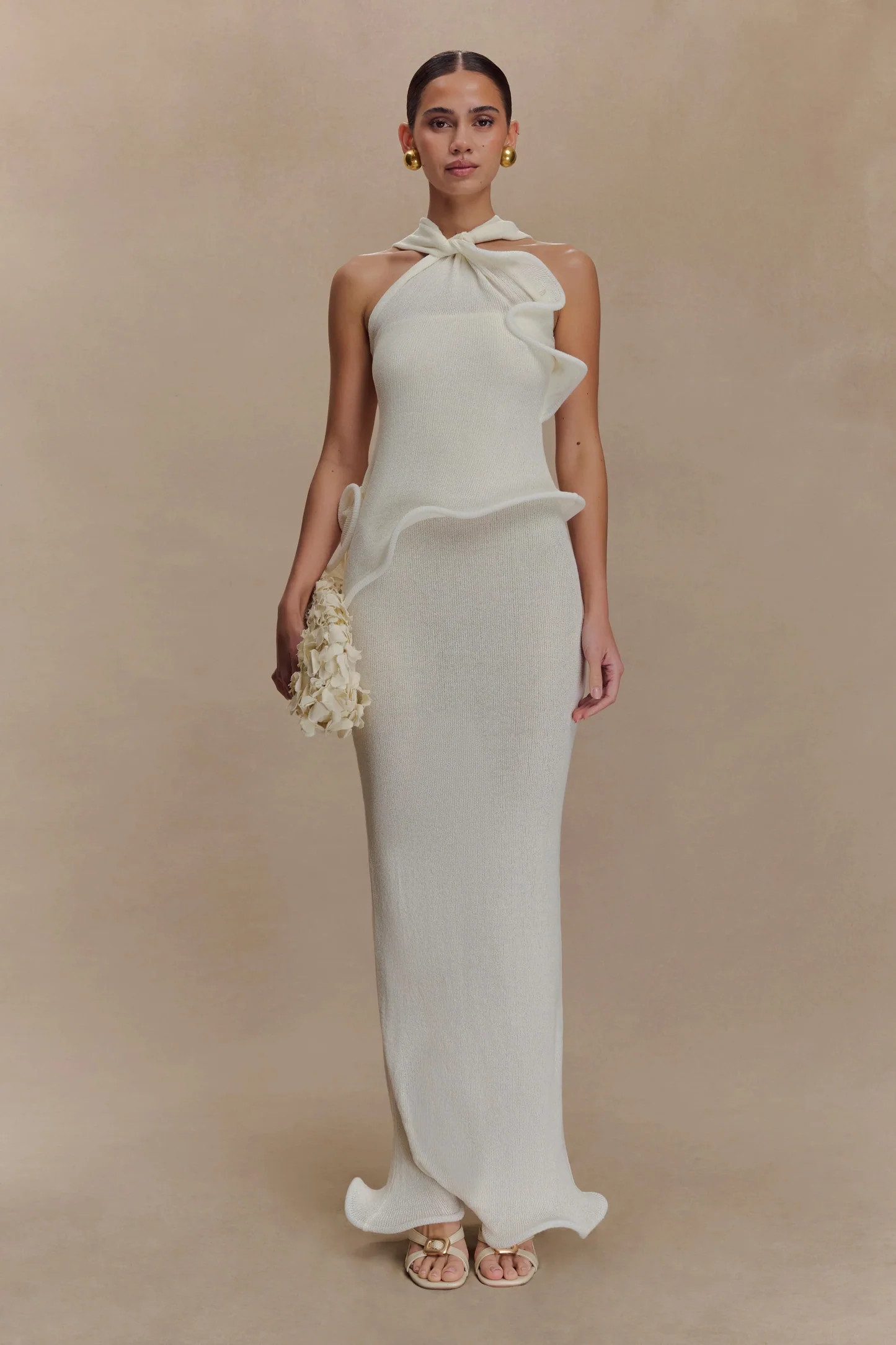 Halter Knit Maxi Dress - White | MESHKI US