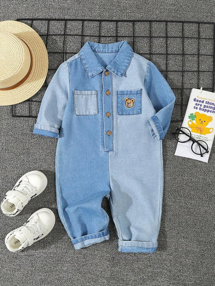 Baby Boys' Cute Bear Embroidery Reversible Denim Romper, Comfortable And Soft For Vacation | SHEIN
