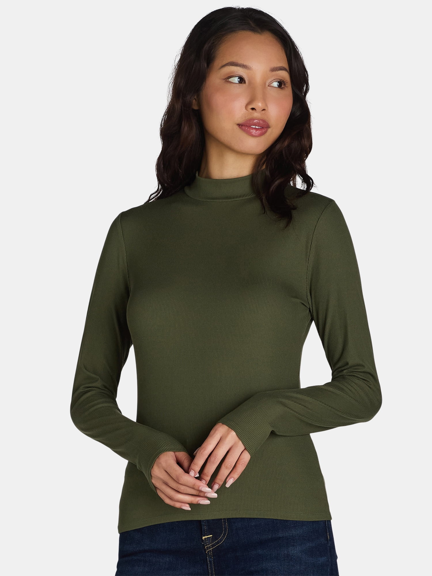No Boundaries Ribbed Mock Neck Top with Long Sleeves, Women’s and Women’s Plus - Walmart.com | Walmart (US)