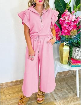 SELINK Two Piece Sets for Women Summer Outfits Ruffle Cap Sleeve Zip Top Wide Leg Pants Lounge Se... | Amazon (US)