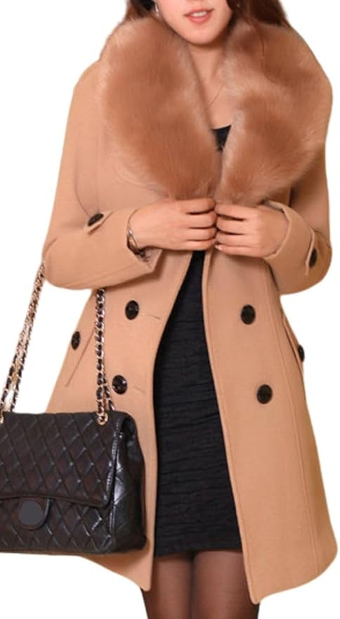 ELFTOWN Women's Double Breasted Midi Long Pea Coat Detachable Faux Fur Collar Long Sleeve Winter ... | Amazon (US)