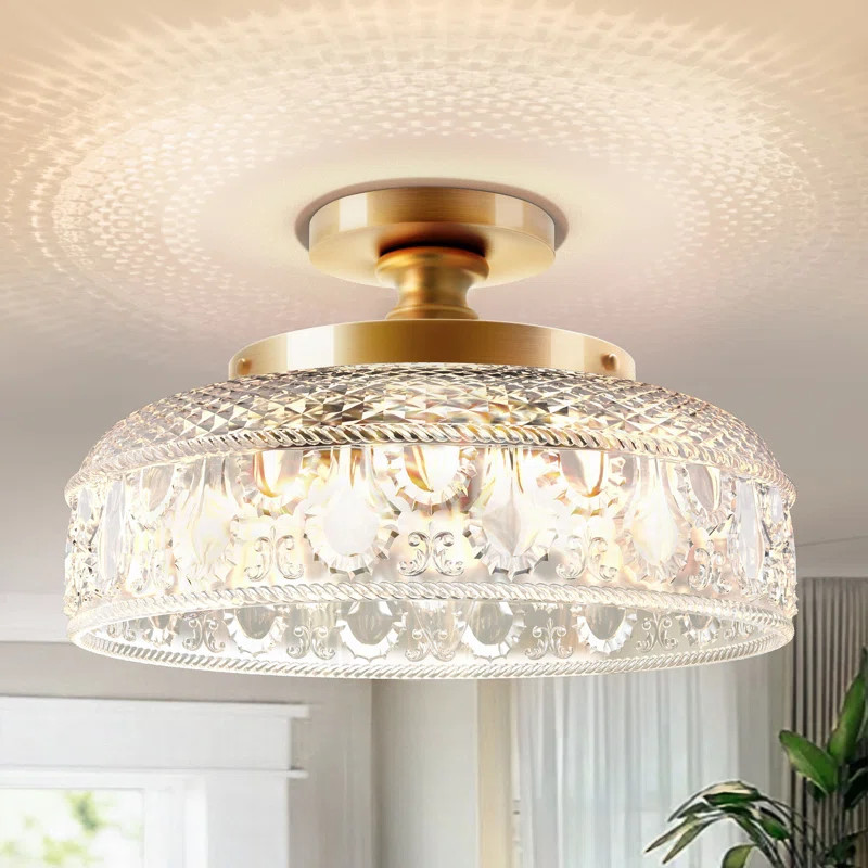 Mid-Century Modern Gloden Semi Flush Mount Ceiling Light,Round Glass for Hallway Kitchen Bedroom | Wayfair North America