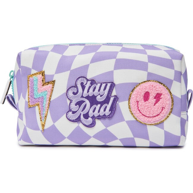 Checkered Pattern Pencil Pouch With Patches, Purple | Maisonette