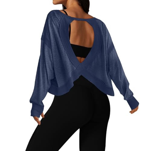 UNIANKIYA Open Back Workout Tops for Women Long Sleeve Cropped Athletic Clothes Gym Running Yoga Low Impact Sports T Shirts Dark Blue | Amazon (US)