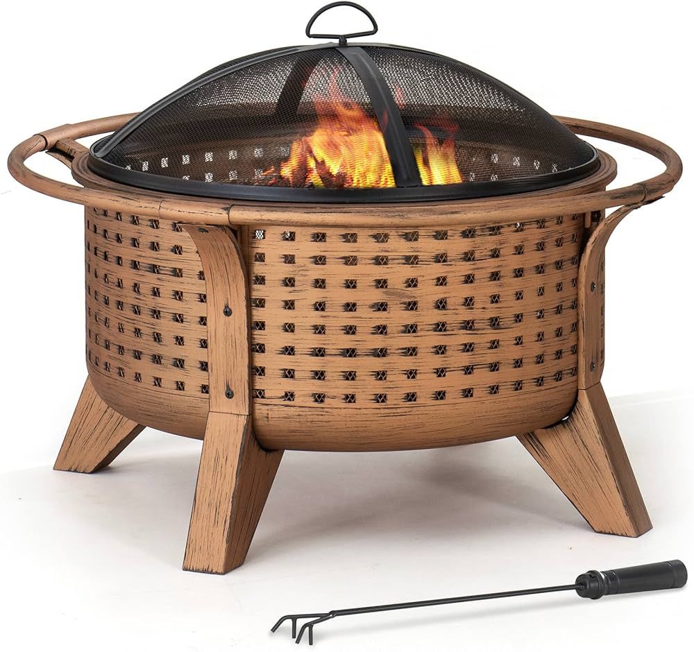 Sunjoy 30 in. Outdoor Wood-Burning Fire Pit, Patio Woven Round Steel Firepit Large Fire Pits for ... | Amazon (US)