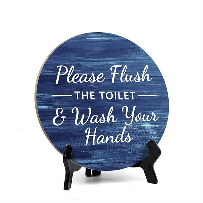 Round Please Flush The Toilet & Wash Your Hands, Washed Blue Wood Color Bathroom Table Sign with ... | Amazon (US)