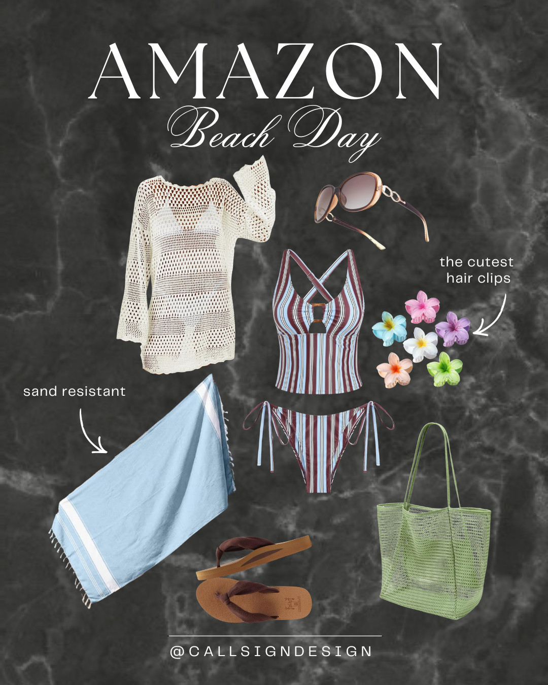 Effortless beach day style ☀️✨
Layer a striped tank bikini and crochet coverup for a relaxed, coastal vibe.
Pack your sand-resistant towel in a mesh oversized bag that holds all your essentials. Of course, sunnies and flip flops are a must, and we're loving these brown tones. Add a little fun to your ahir with coastal flower hair clips! 

 #LTKdayinmylife #LTKgrwm #LTKootd