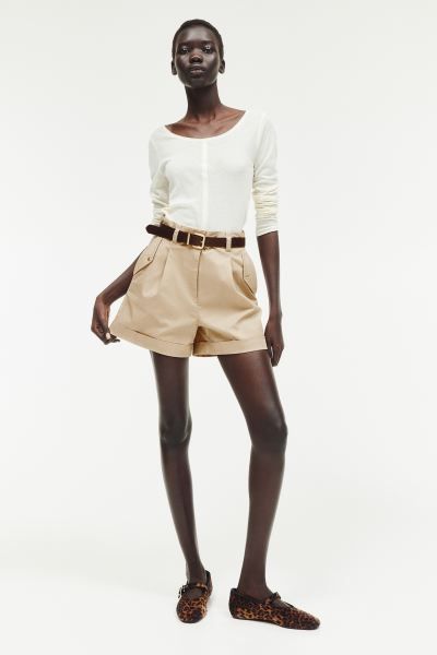 Belted Cargo Shorts - High waist - Short - Beige - Ladies | H&M US | H&M (US + CA)
