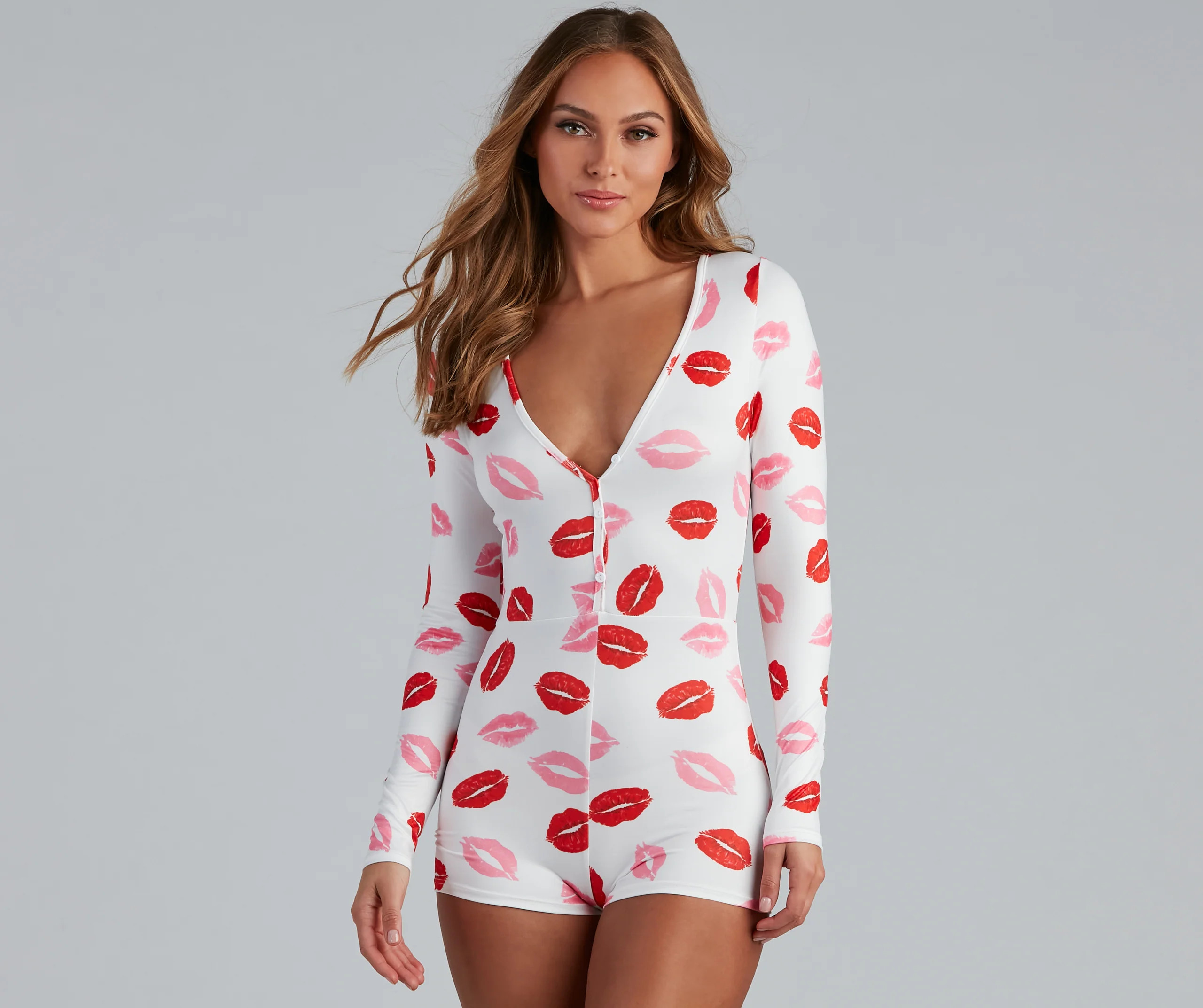 Kiss Kiss Lip Print Pajama Romper | Windsor Stores