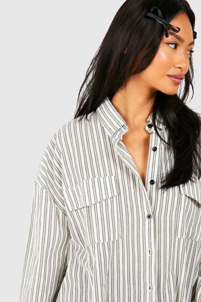 Oversized Linen Striped Utility Shirt | boohoo (US & Canada)