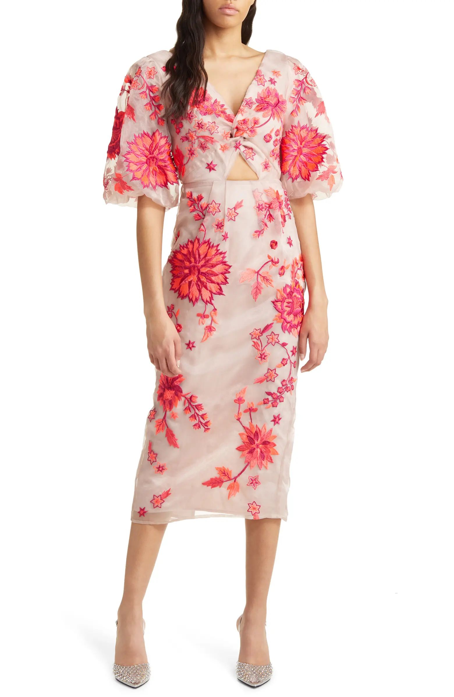 ASOS DESIGN Floral Embroidered Puff Sleeve Midi Dress | Nordstrom | Nordstrom