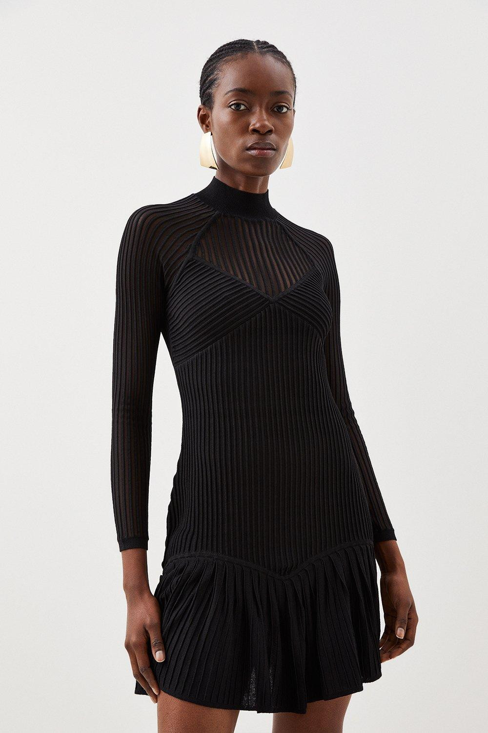 Viscose Blend Sheer Knit Ruffle Hem Dress | Karen Millen UK + IE + DE + NL