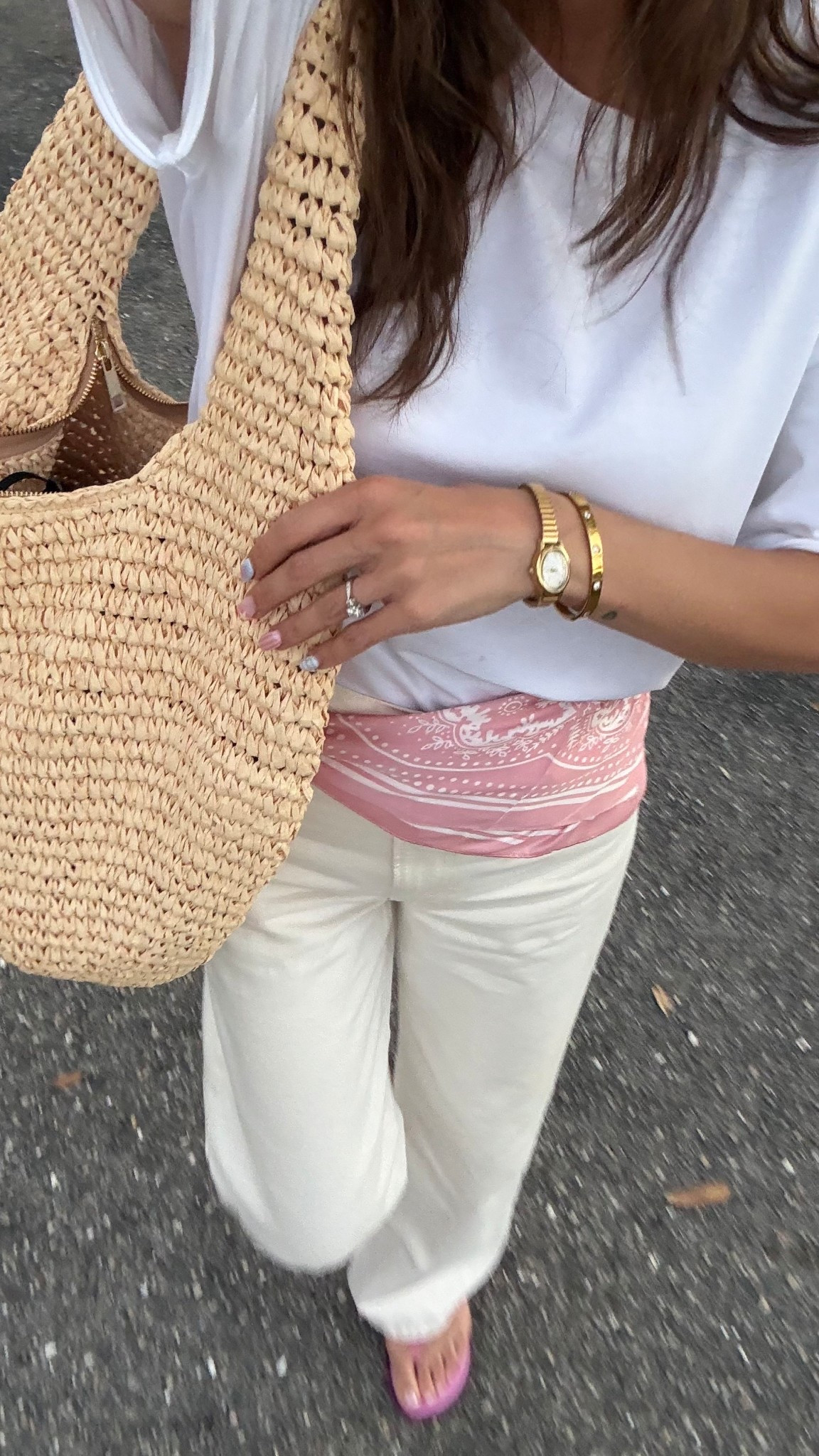Casual spring vacation outfit 🩷

@amazon white tee & white jeans & scarf 
@Target beach bag & pink sandals 

#LTKspring #LTKootd #LTKdayinmylife