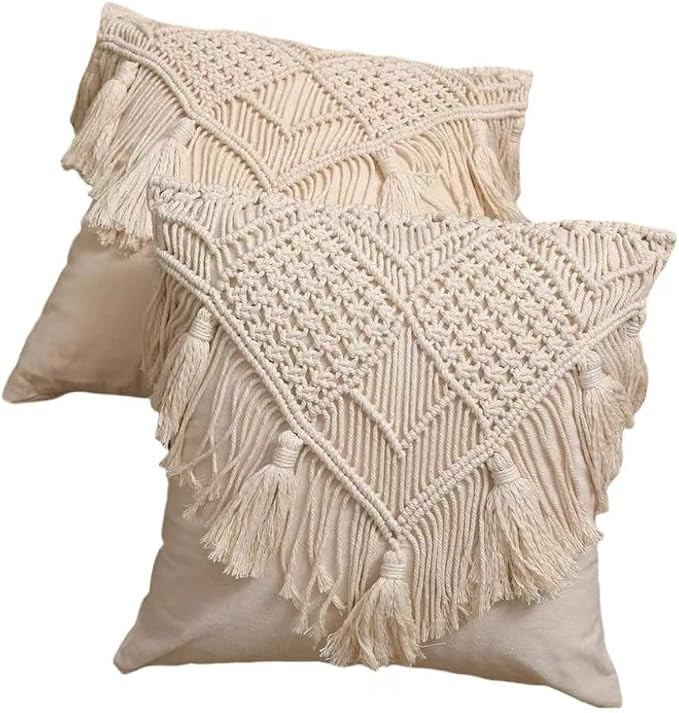 Cotton thread and cotton rope hand-woven tassel pillowcase INS Bohemian sofa cushion pillow, Beig... | Amazon (US)