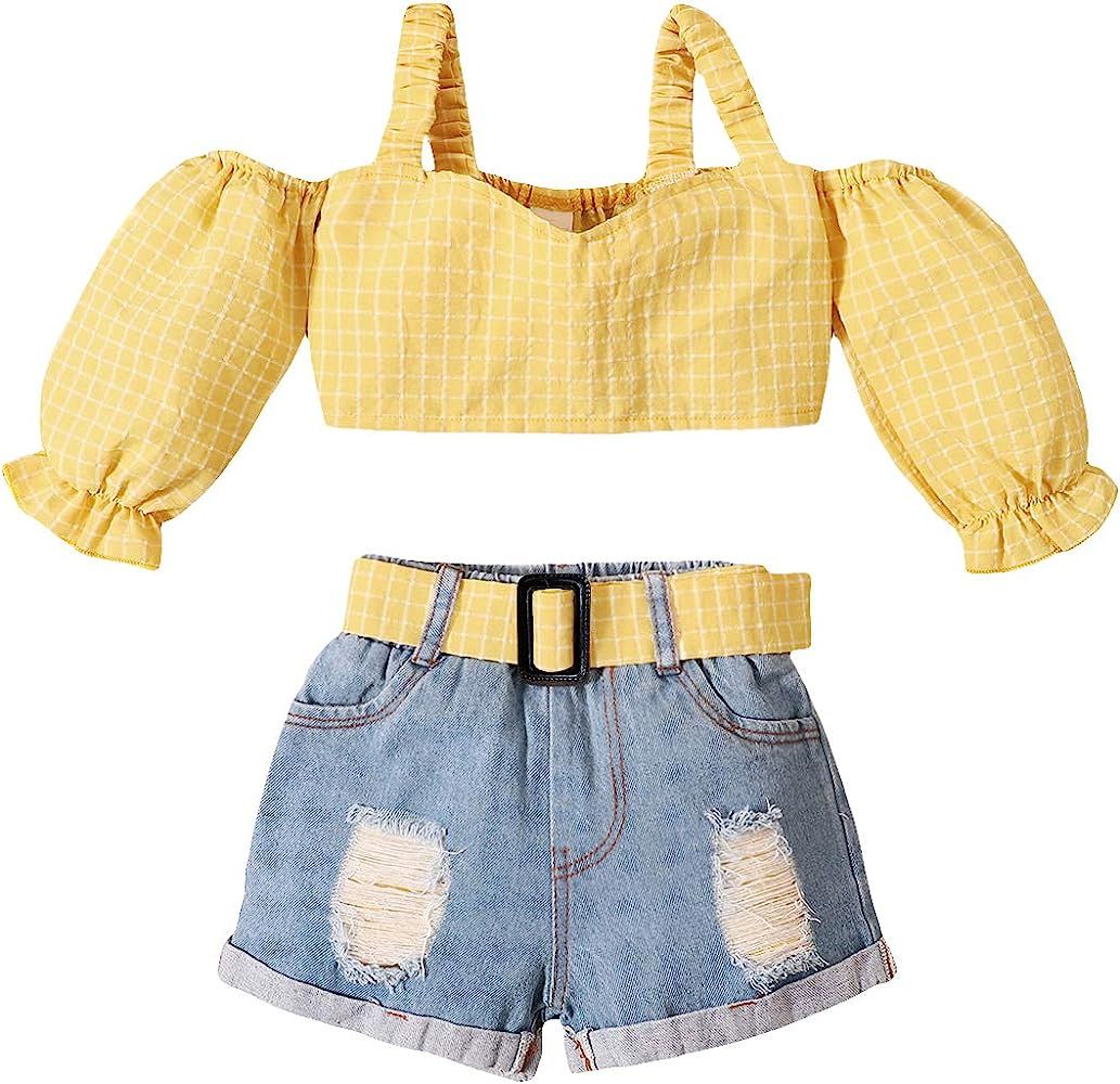 Kids Toddler Baby Girl Clothes Set Short Sleeve Lace Sweatshirt T-Shirt Tops with Ripped Jeans 2P... | Amazon (US)