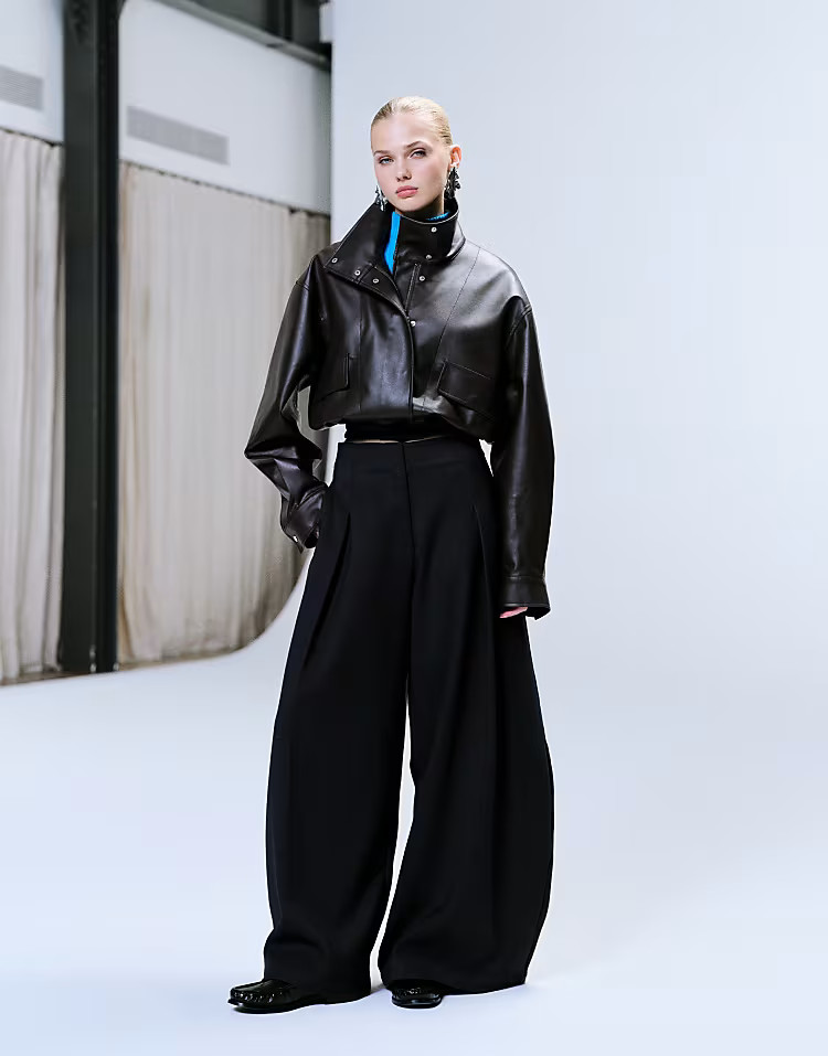 \u203a ASOS DESIGN faux leather funnel neck jacket in chocolate brown | ASOS (Global)