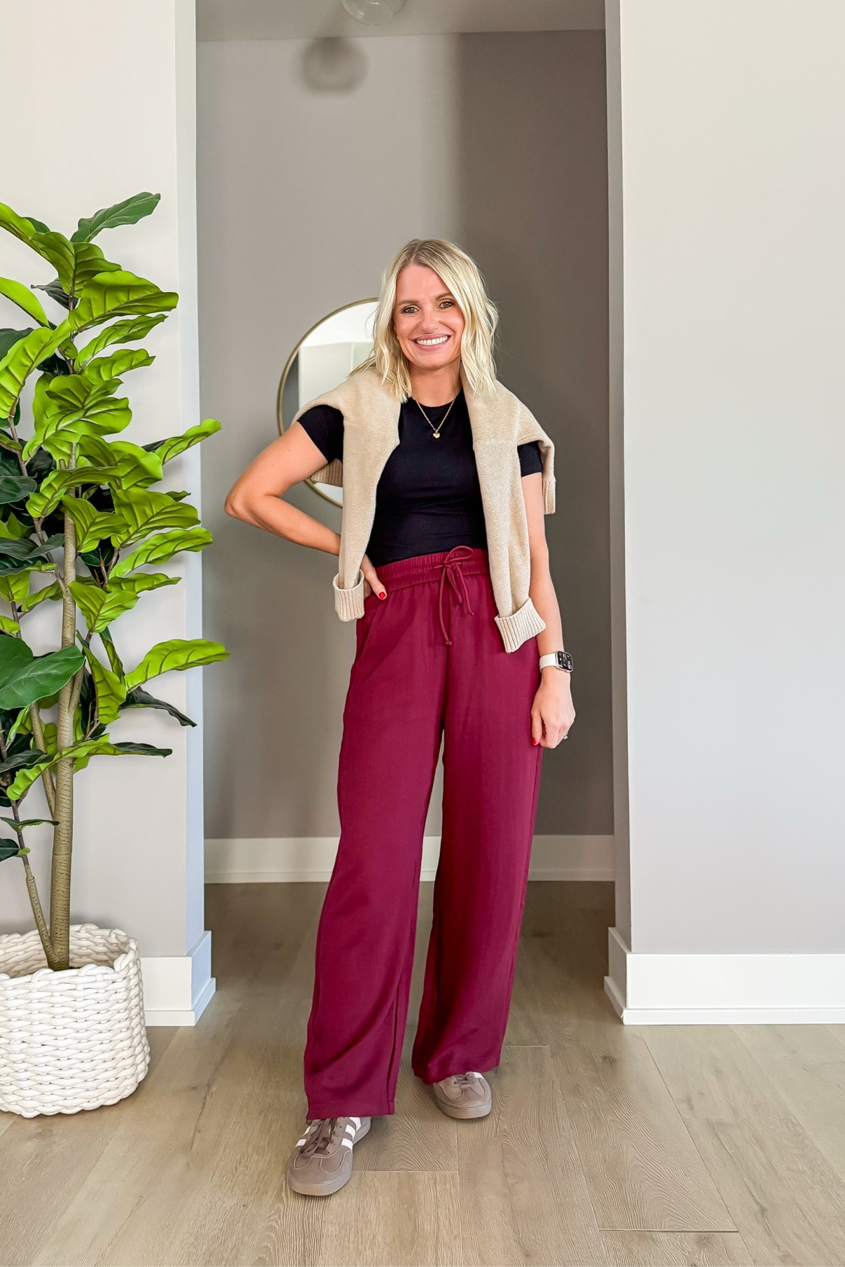 Cozy fall layed look! I love these burgundy wide-leg pants from @Halara with a sweater over my shoulders. #gifted #LTKStyle

#LTKootd #LTKOver40 #LTKPetite