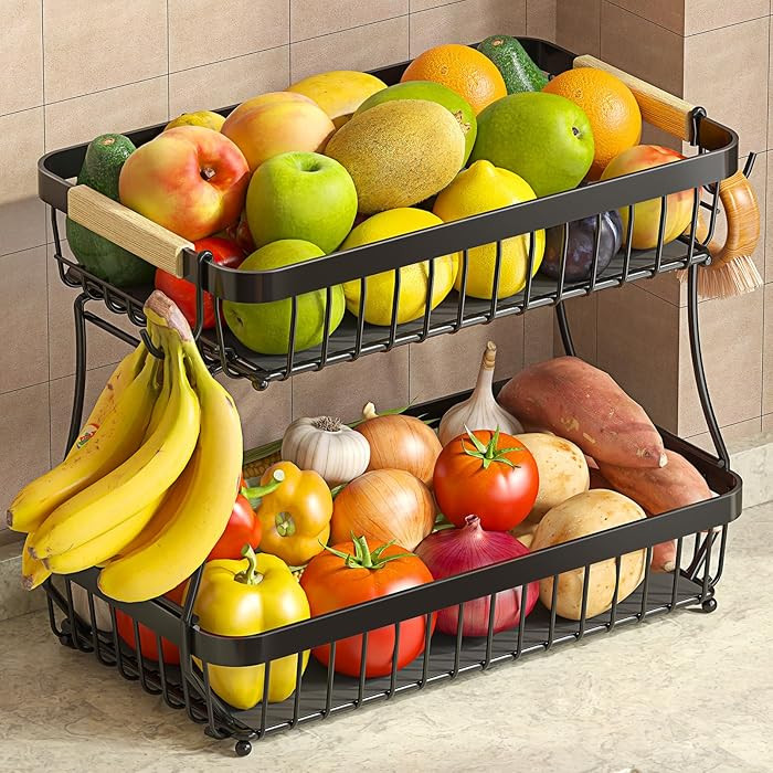 2 Tier Large Fruit Basket for Kitchen Counter with 2 Mobile Banana Hangers, 2026 Pro Detachable M... | Amazon (US)
