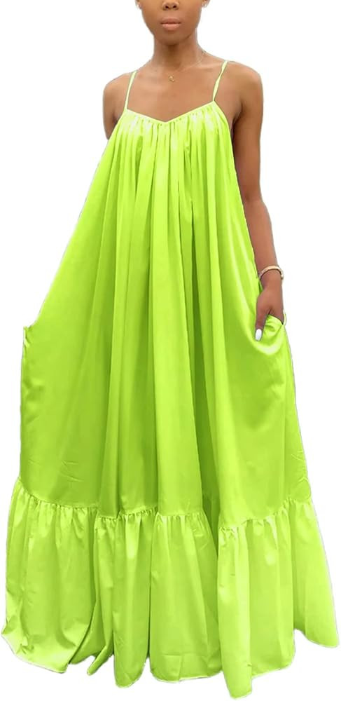 Adogirl Women's Sexy Spaghetti Strap Sleeveless Ruched Ruffle Hem Bandage Oversized Beach Loose L... | Amazon (US)