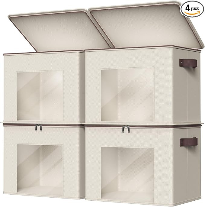 Zilink Fabric Storage Bins with Lid 4-Pack Stackable Cloth Storage Bins Sweater Organizer with Zi... | Amazon (US)