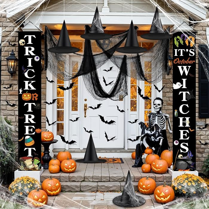 35PCS Halloween Decorations Outdoor Set Trick or Treat and It's October Witches Front Porch Door Banners Witch Hats Black Creepy Cloth 3D Bats Wall Stickers for Halloween Holiday Outdoor Indoor Decor | Amazon (US)