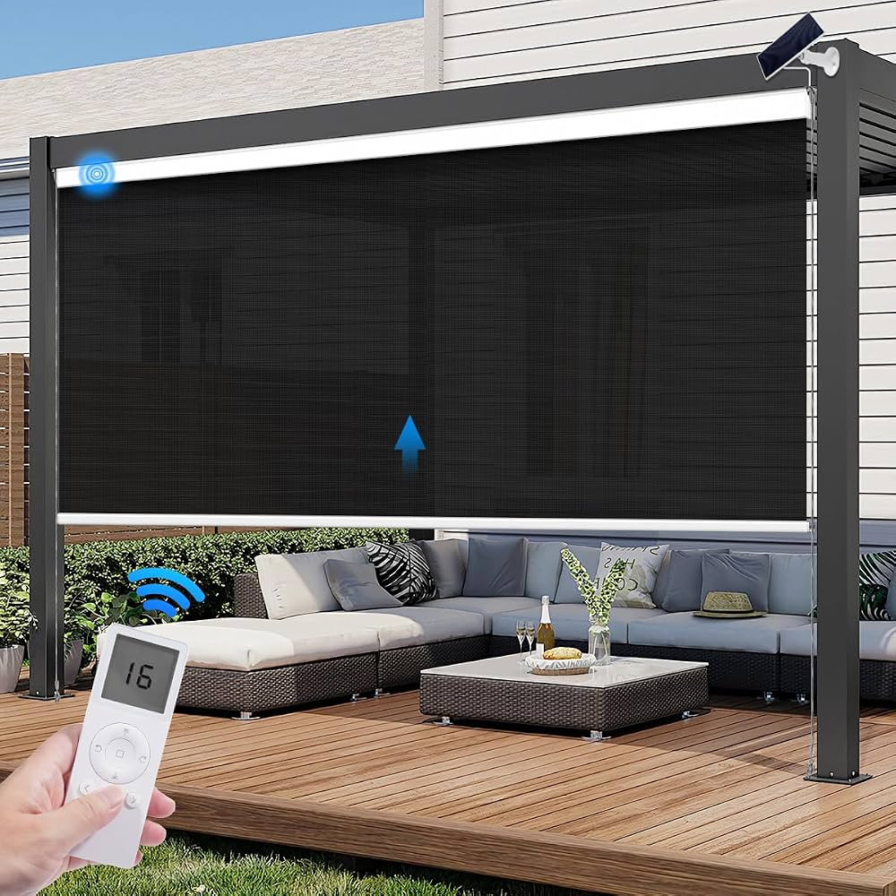 Motorized Outdoor Roller Shade with Remote Control, Light Filtering Electric Exterior Solar Shade... | Amazon (US)