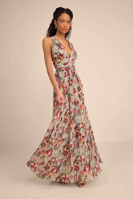 Leora Sage Floral Pleated Tiered Maxi Dress | Lulus