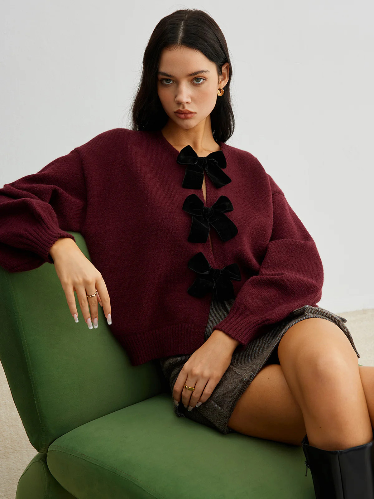 Velvet-Bow Lantern Sleeve Sweater | Commense