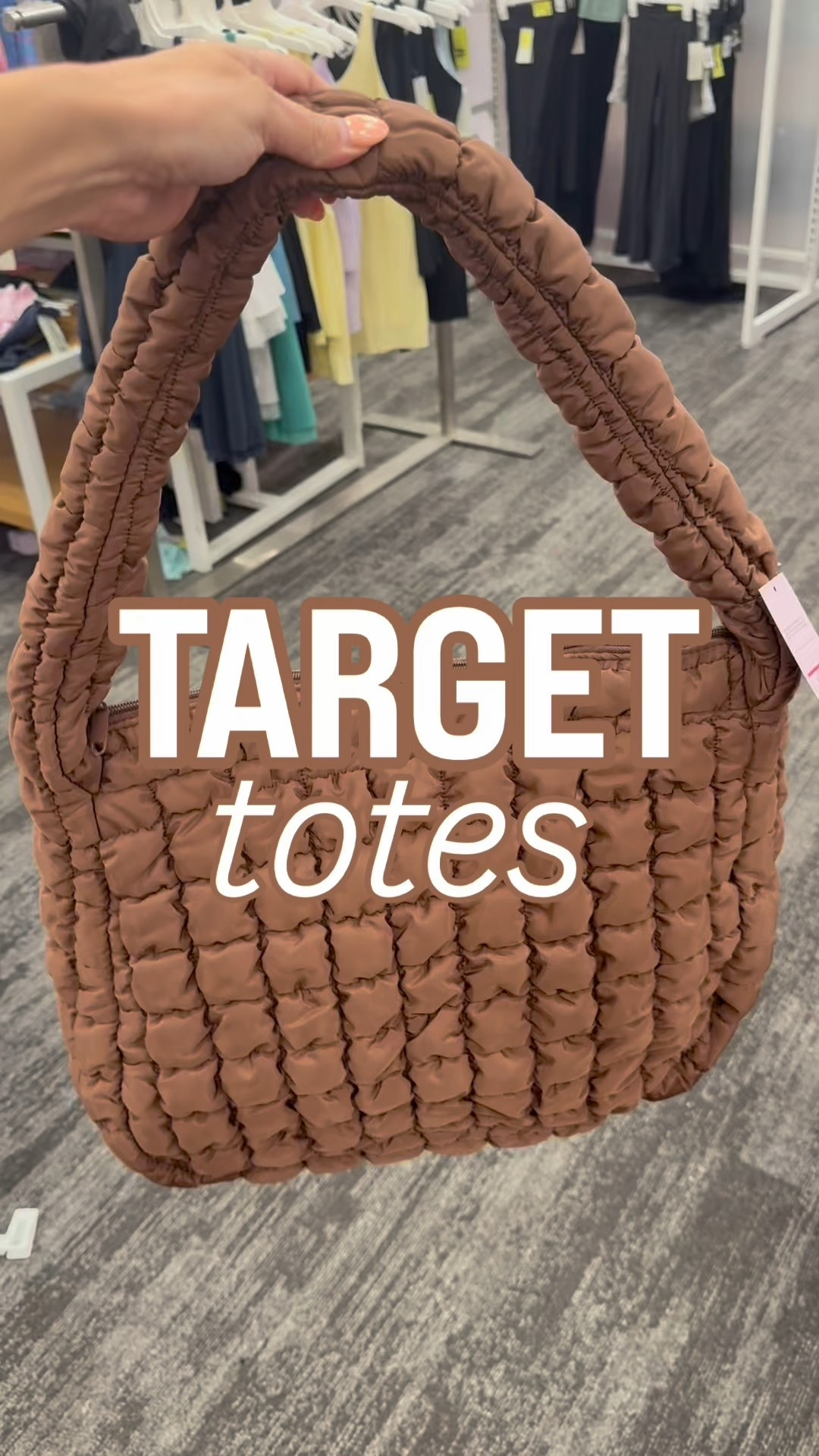 Trendy totes at target! Love these puffer quilted bags. Color details below 👇

brown - spring and autumn 
cream - spring and autumn 
green - autumn 
winter - winter 

Online colors available for other seasons 😍

#LTKStyleTip #LTKTravel #LTKSeasonal