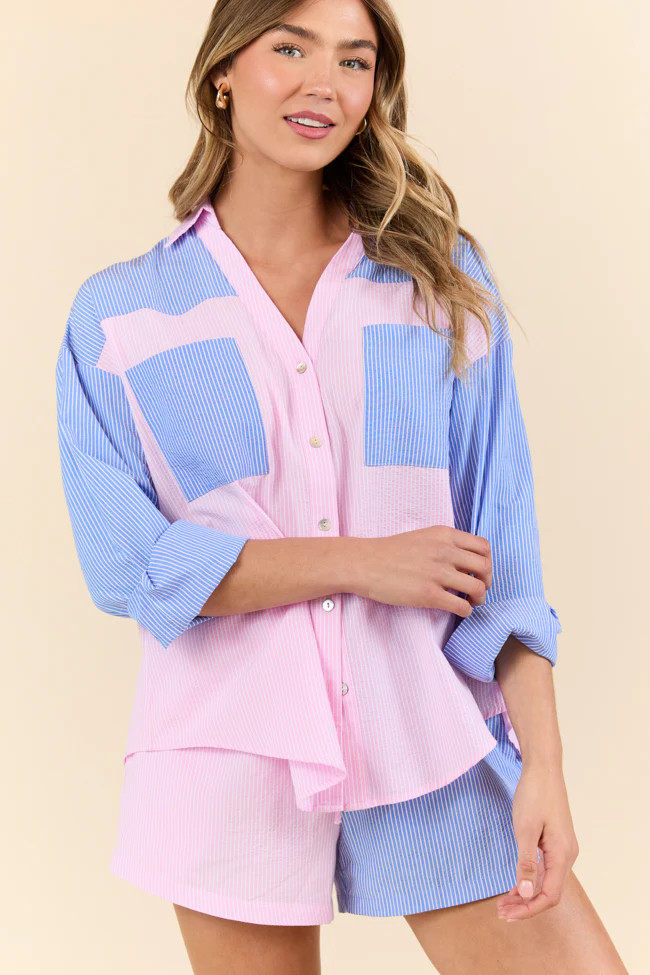 Perfect Days Blue and Pink Color Block Striped Long Sleeve Lounge Top | Pink Lily