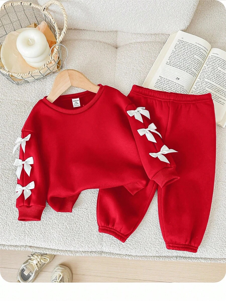 SHEIN Baby Girl Cute Red Bow Decor Long Sleeve Sweatshirt & Elastic Waist Long Pants 2 Pieces Set... | SHEIN