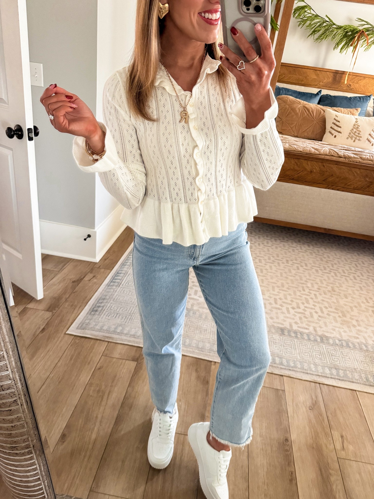 This new Walmart ruffle cardigan is way too cute not to share 🤍
Feminine, polished, and only $26 — it looks so much more expensive than it is!

I love the delicate ruffle trim, button-front detail, and lightweight knit that makes it perfect for everyday wear, school drop-off, casual workdays, or weekend errands. Styled here with classic straight-leg Walmart jeans and white sneakers for an effortless, wear-anywhere outfit.

✔️ Under $30
✔️ Soft + lightweight
✔️ Easy to dress up or down
✔️ Perfect for spring layering

Everything is linked in LTK so you can shop this full head-to-toe Walmart outfit easily 🛒

#walmartfashion #walmartstyle #walmartfinds #walmartoutfit #affordablefashion #budgetfriendlyfashion #everydaystyle #casualoutfit #springoutfit #neutraloutfit #momstyle #rufflecardigan #walmartnewarrivals #ltkfinds