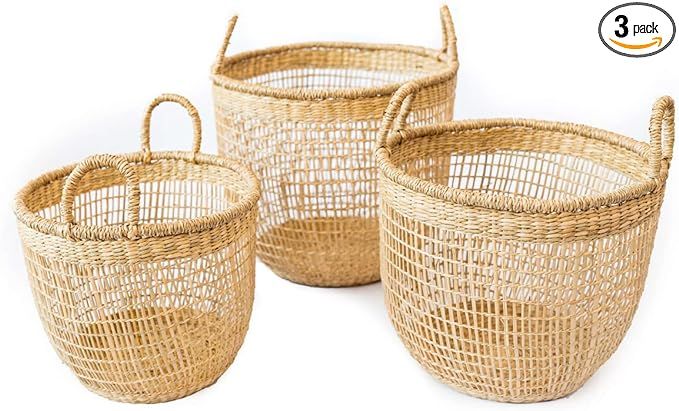 LiLaCraft Set of 3 Floppy Seagrass Baskets, Natural Woven Storage Basket, Woven Storage Baskets f... | Amazon (US)