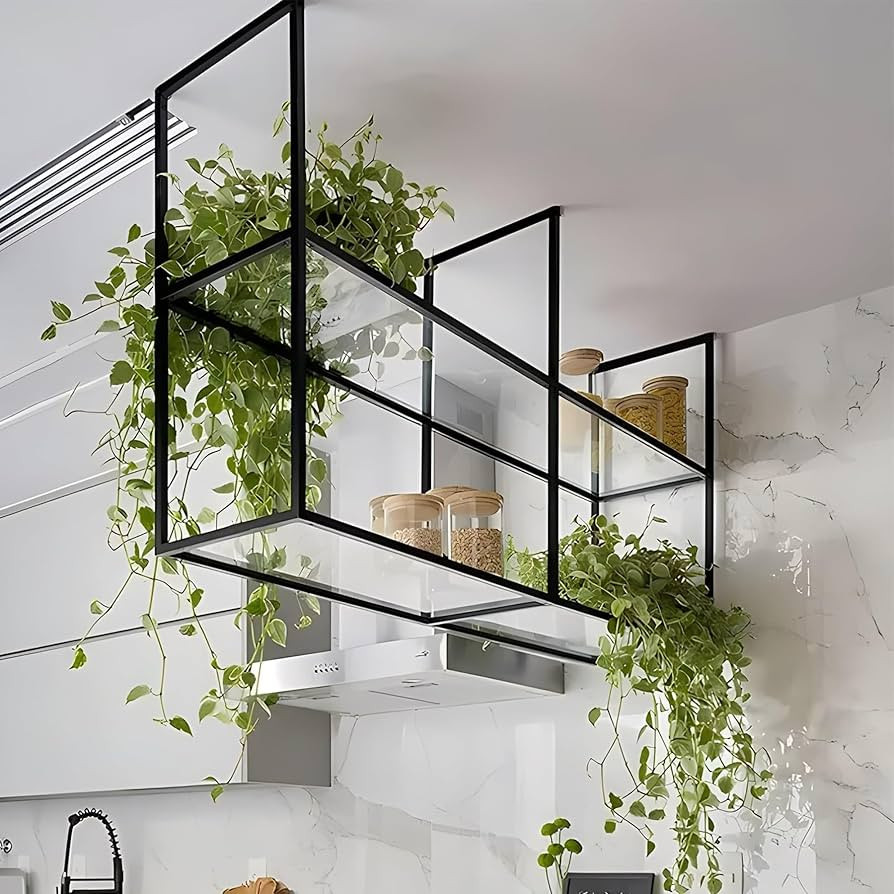 2 Tiers Ceiling Shelf Kitchen Hanging Rack,Metal Frame Ceiling Mounted Shelves Kitchen Floating S... | Amazon (US)