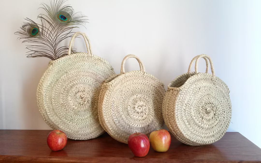 Round straw tote bag, straw handbag, round handbag, summer bag with short handles, round basket, ... | Etsy (US)