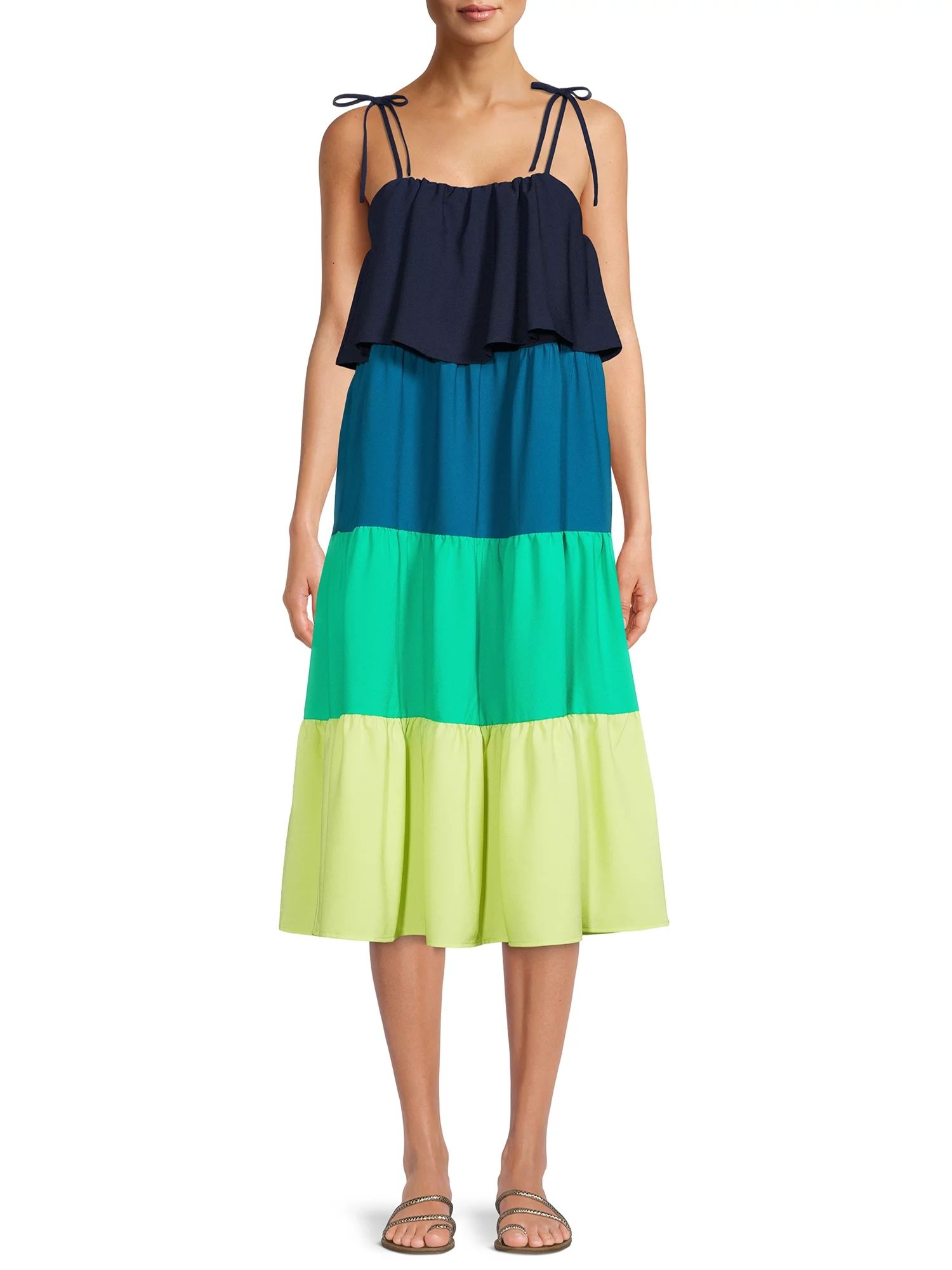 Time and Tru Women's Tie Shoulder Colorblock Midi Dress - Walmart.com | Walmart (US)